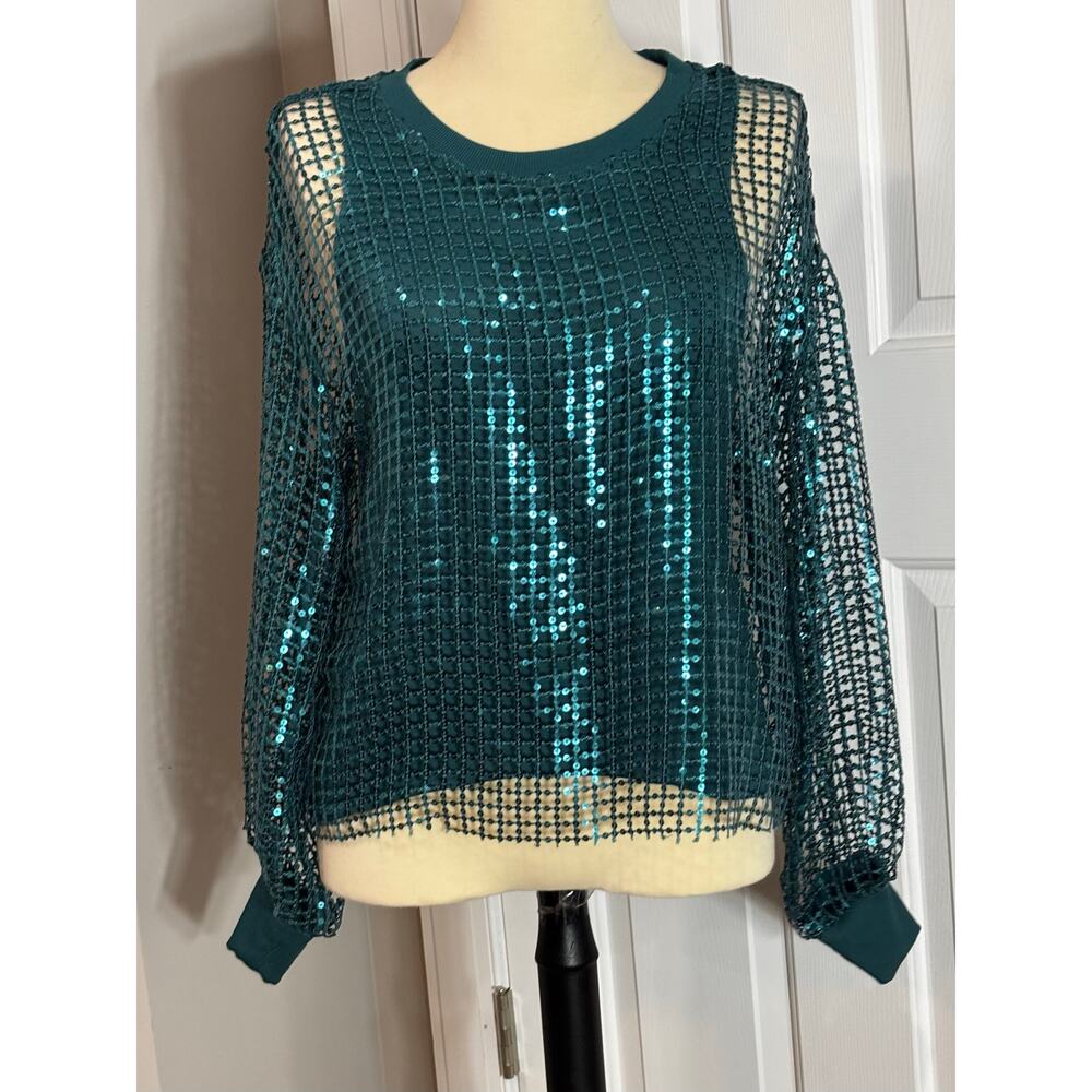 Pilcro Anthropologie Sequin Top Balloon Sleeve Sz M Blue Green Top - Picture 3 of 11